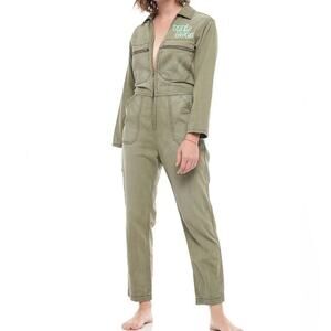 NEW Free People X Sandrine Rose Khaki Green Tres Cool Full Zip Jumpsuit Size L